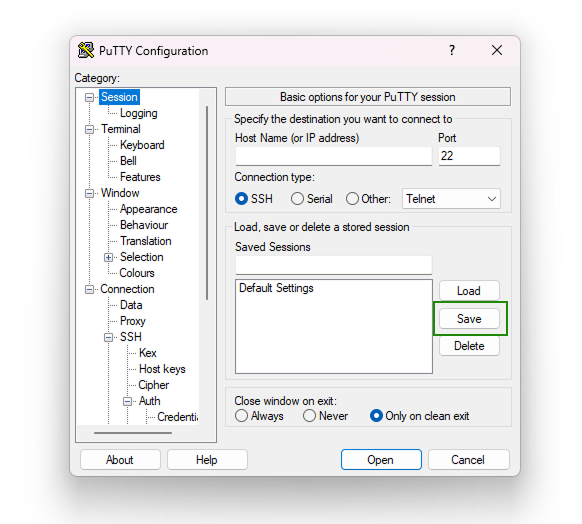 Guardar sesión en PuTTY