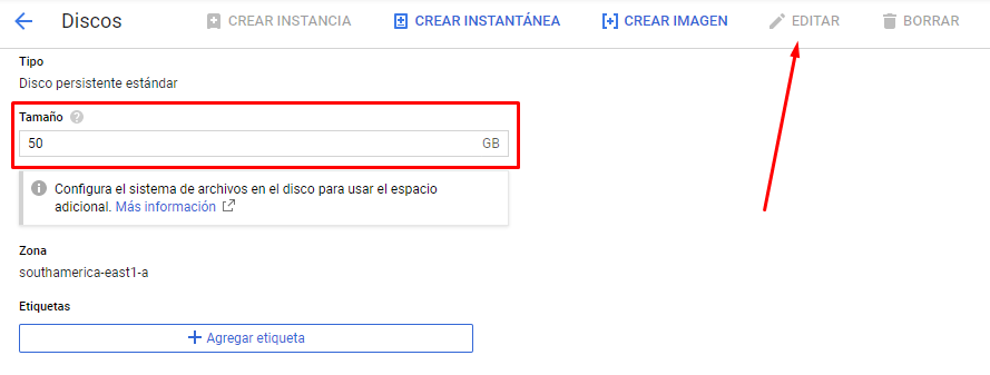 Editar tamaño de disco
